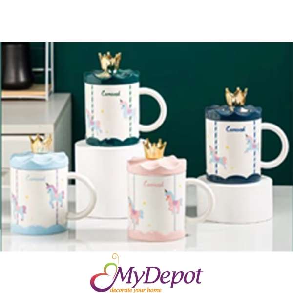 Керамична чаша с декор ВЪТРЕЛЕЖКА и керамичен капак с корона, 4 цвята