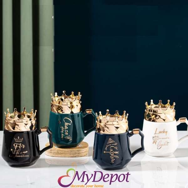 Керамична чаша с уникален дизайн със златни цитати и капак със златна корона, 4 цвята