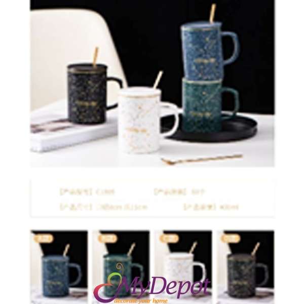 Керамична чаша GALAXY с капак и златна лъжичка, 4 модела