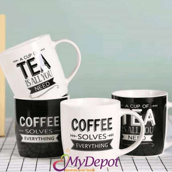 Керамична чаша COFFEE / TEA в черно и бяло, 4 модела