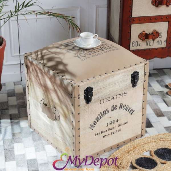 Дървена табуретка - сандък с мек текстилен капак, 45х45х50 см