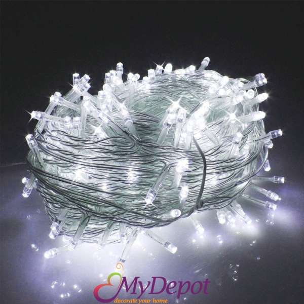 Коледни лампички, 800 LED с прозрачен кабел, студено-бяла светлина, 40 метра, 8 функции