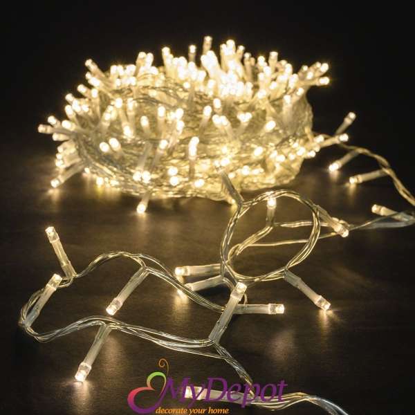 Коледни лампички, 200 LED, прозрачен кабел, топло-бяла постоянна светлина, 10 М, с конектор