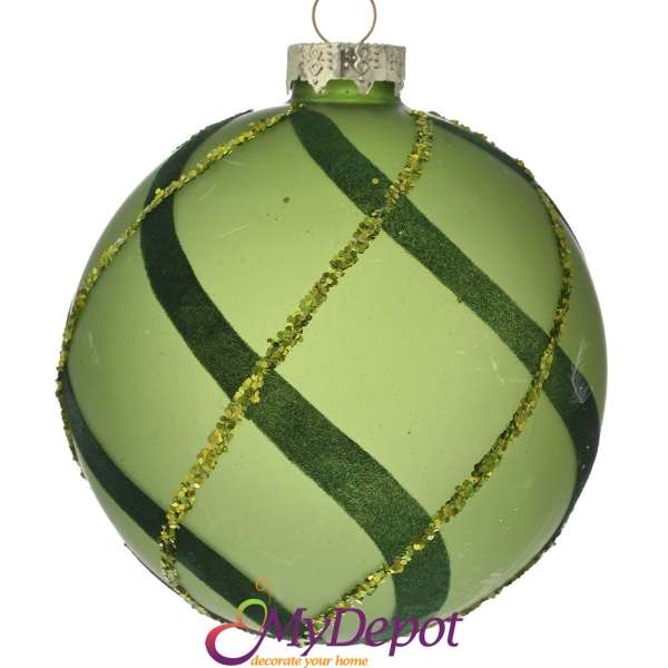 Комплект 6 бр. стъклени зелени топки със златни орнаменти, 8 см