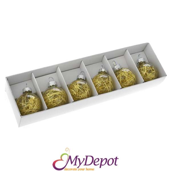 Комплект 6 бр. стъклени мини прозрачни топки със златни гирлянди , 4 см