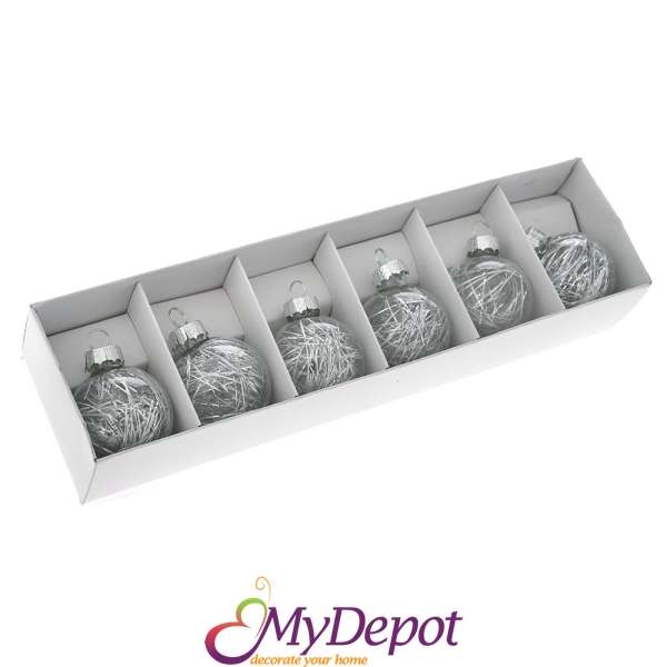 Комплект 6 бр. стъклени мини прозрачни топки със сребърни гирлянди , 4 см