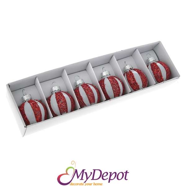 Комплект 6 бр. стъклени мини бели топки с червени мъниста , 4 см
