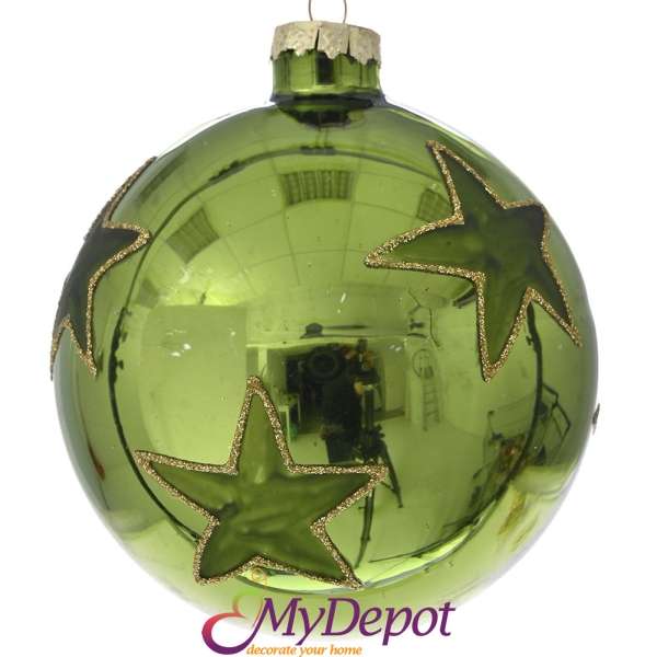 Комплект 6 бр. стъклени зелени топки със звезди, 8 см