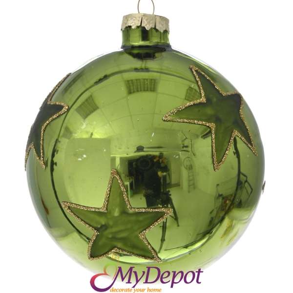 Комплект 4 бр. стъклени зелени топки със звезди, 10 см