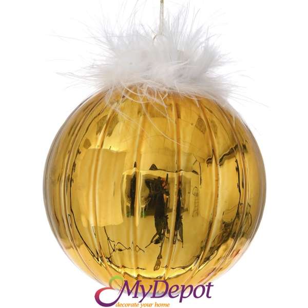 Комплект 4 бр. стъклени златни топки с пера, 10 см