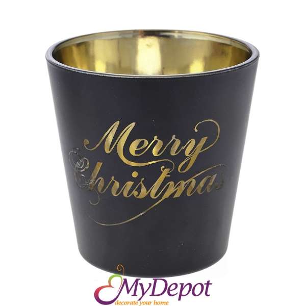 Стъклен черен свещник MERRY CHRISTMAS, 7,5х7,5 см