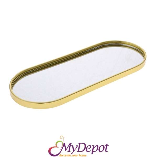 Метален златен поднос с огледална основа, 35х14х2 см