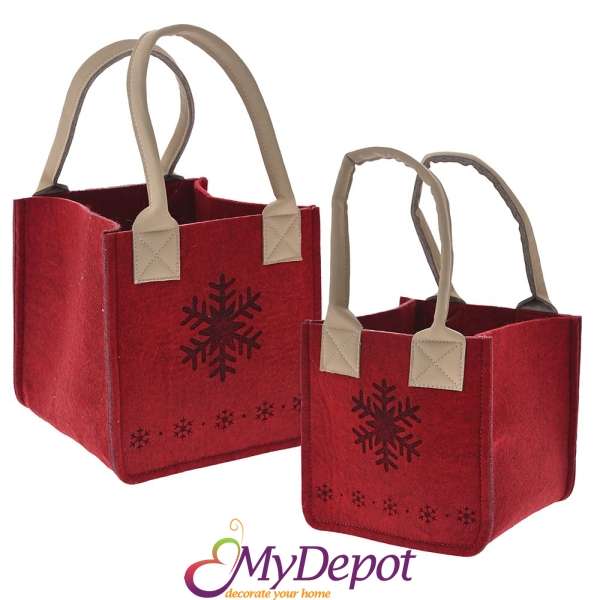 Комплект от 2 бр. кошнички от червен филц със снежинки, 20х19+14/ 15х14+14 см