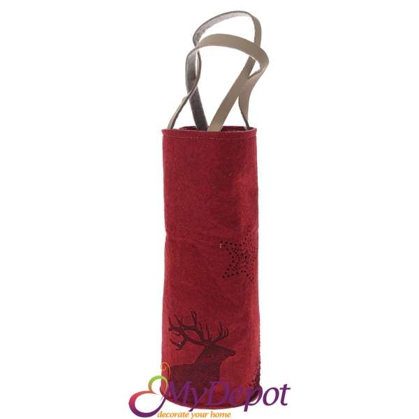 Торбичка за вино от червен филц с кожена дръжка, 10х10х40 см