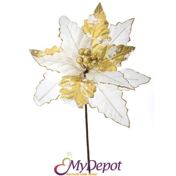 Стрък бяла коледна звезда със златни венчелистчета, 40 см