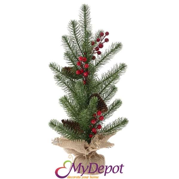 Коледна елха с червени топчета и шишарка в зебло кашпа, 53 см