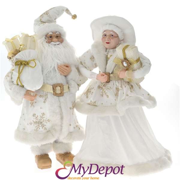 Комплект Дядо и Баба Коледа облечени в пухкави бели дрехи, 65 см