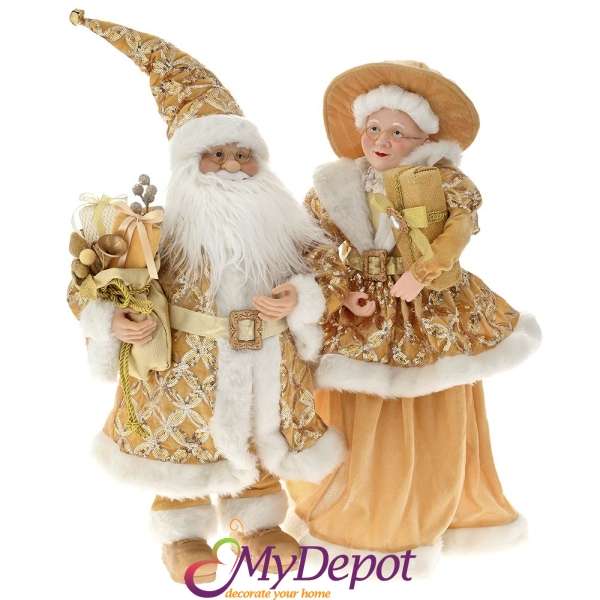 Комплект Дядо и Баба Коледа облечени в лъскави златни дрехи, 65 см