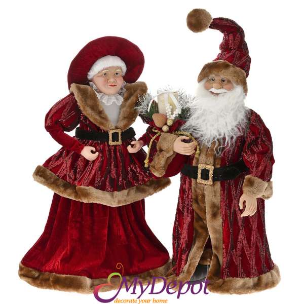 Комплект Дядо и Баба Коледа облечени в кадифено червени дрехи, 65 см