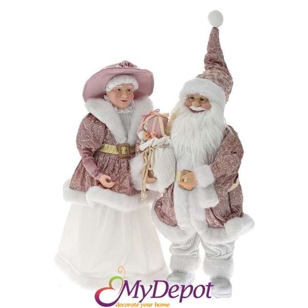 Комплект Дядо и Баба Коледа облечени в сатенени розови дрехи, 65 см