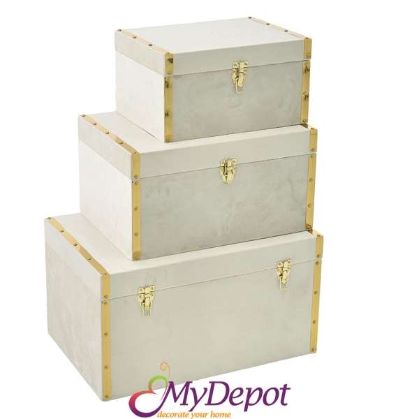 Комплект дървени кутии за съхранение, облицовани с плат, бели, 60Χ40Χ32/50Χ35Χ26/40Χ30Χ21CM 
