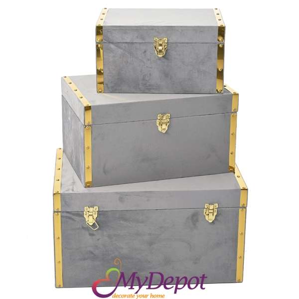 Комплект дървени кутии за съхранение, облицовани с плат, сиви, 60Χ40Χ32/50Χ35Χ26/40Χ30Χ21CM