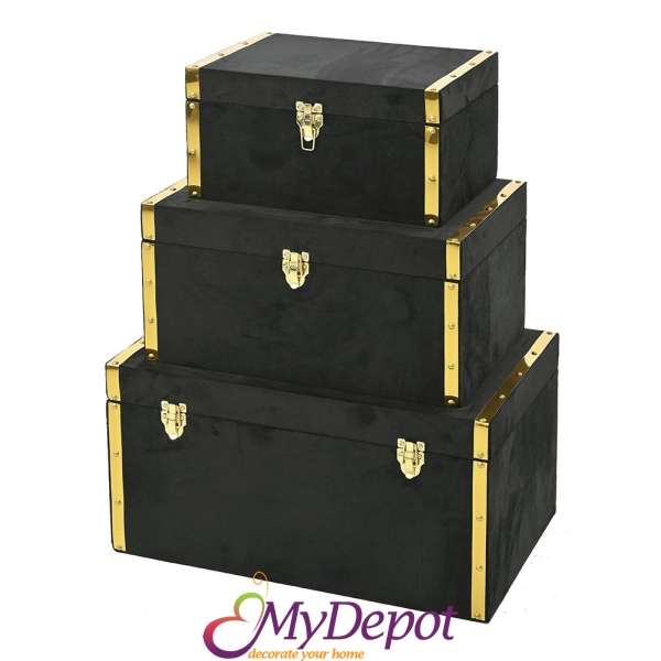 Комплект дървени кутии за съхранение, облицовани с плат, черни, 60Χ40Χ32/50Χ35Χ26/40Χ30Χ21CM 
