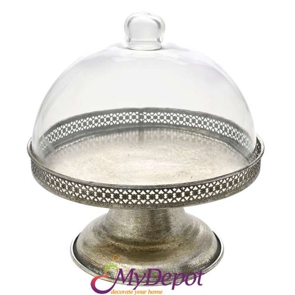 Античен сребърен метален поднос за торта със стъклен капак, 21х21х22,5 см