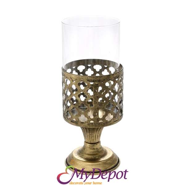 Античен свещник чаша в медено злато, 10х10х26 см