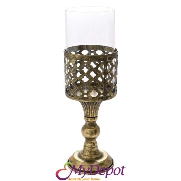 Античен свещник чаша в медено злато, 10х10х32 см