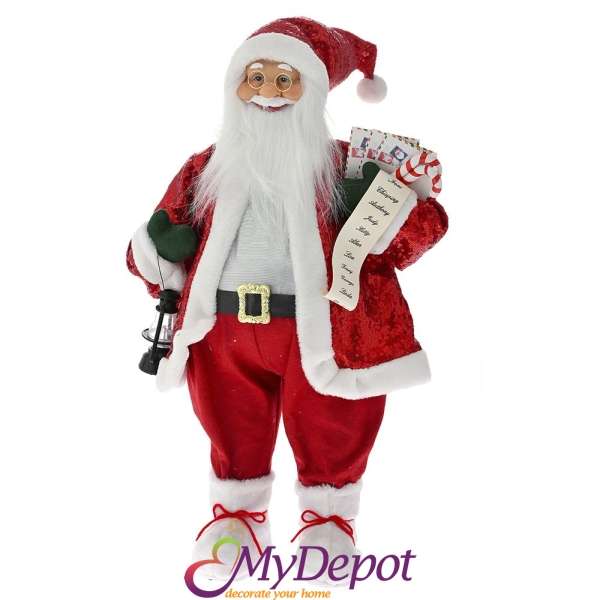 Дядо Коледа с червен кадифен костюм и списък с послушни деца, 60 см