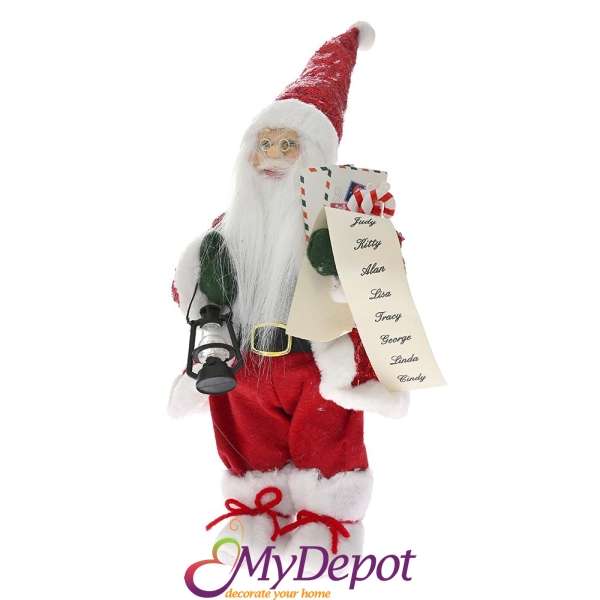 Дядо Коледа с червен кадифен костюм и списък с послушни деца, 30 см