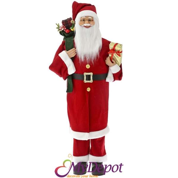 Дядо Коледа с червен кадифен костюм и чувал с подаръци, 110 см