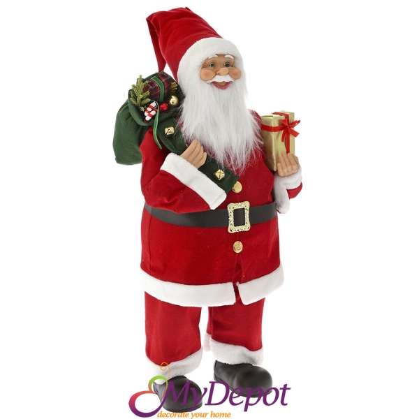 Дядо Коледа с червен кадифен костюм и чувал с подаръци, 80 см