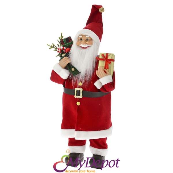 Дядо Коледа с червен кадифен костюм и чувал с подаръци, 60 см