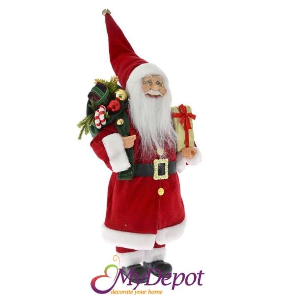 Дядо Коледа с червен кадифен костюм и чувал с подаръци, 45 см