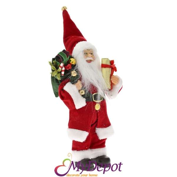 Дядо Коледа с червен кадифен костюм и чувал с подаръци, 30 см
