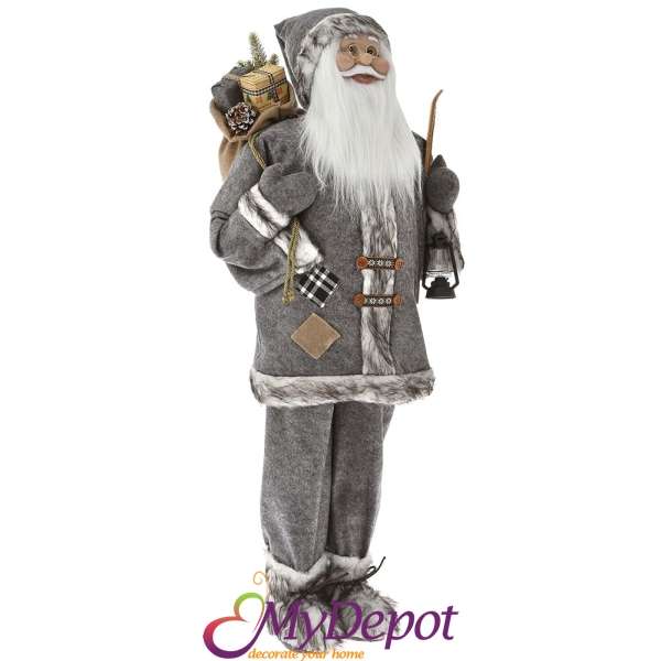 Дядо Коледа със сив кадифен костюм и декорация от изкуствен пух, 110 см