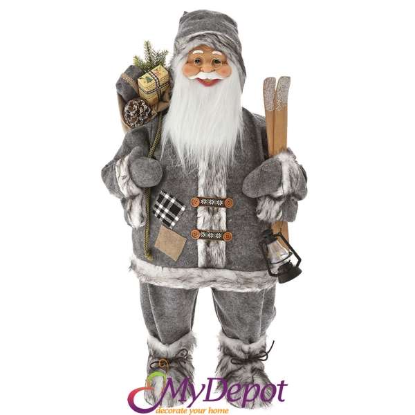 Дядо Коледа със сив кадифен костюм и декорация от изкуствен пух, 80 см