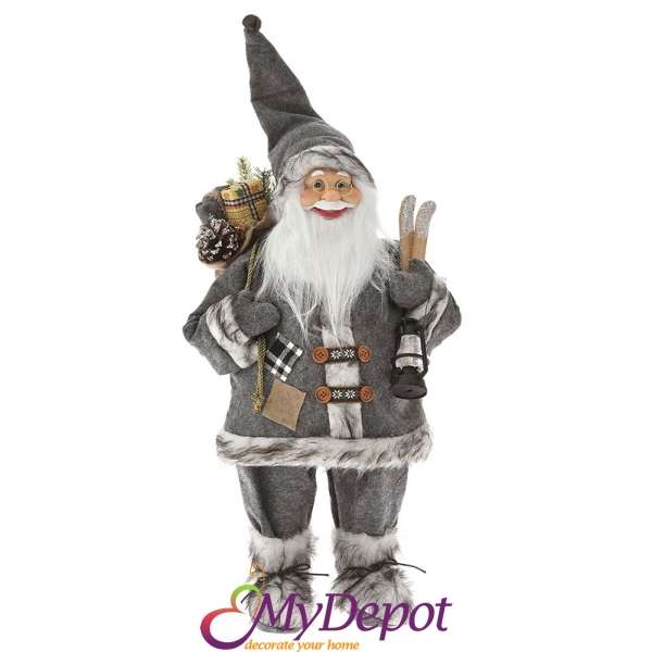 Дядо Коледа със сив кадифен костюм и декорация от изкуствен пух, 60 см