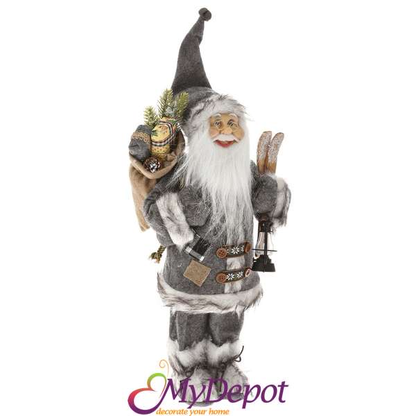 Дядо Коледа със сив кадифен костюм и декорация от изкуствен пух, 45 см