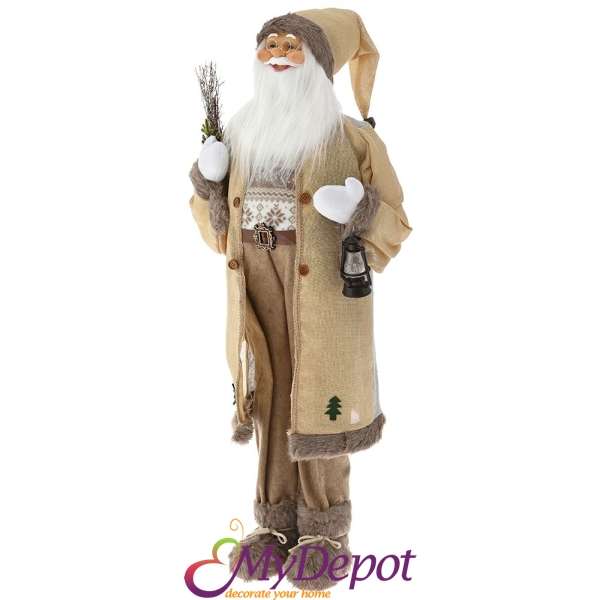 Дядо Коледа с кремав кадифен костюм и декорация от изкуствен пух, 110 см