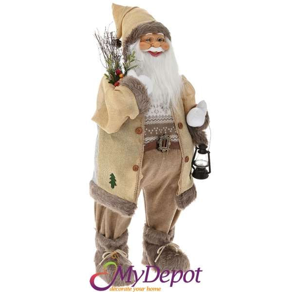 Дядо Коледа с кремав кадифен костюм и декорация от изкуствен пух, 80 см