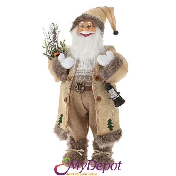 Дядо Коледа с кремав кадифен костюм с декорация от изкуствен пух, 60 см