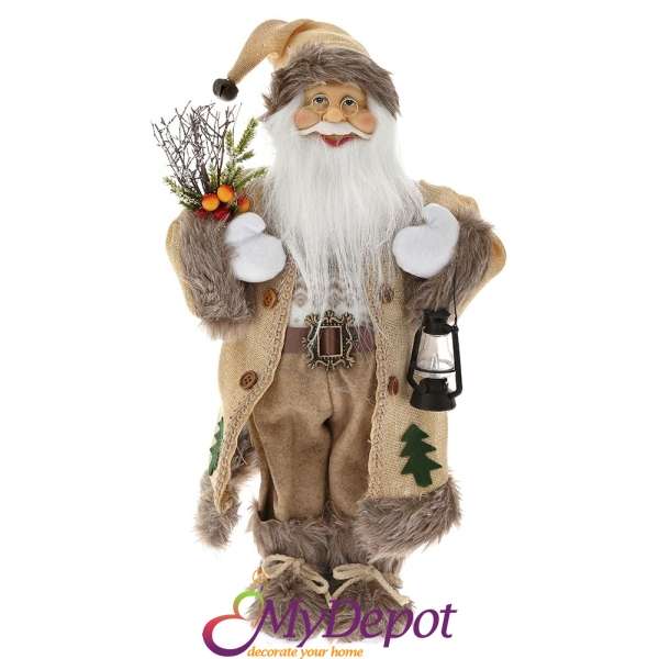 Дядо Коледа с кремав кадифен костюм с декорация от изкуствен пух, 45 см