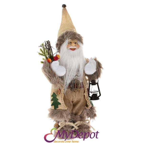 Дядо Коледа с кремав кадифен костюм с декорация от изкуствен пух, 30 см