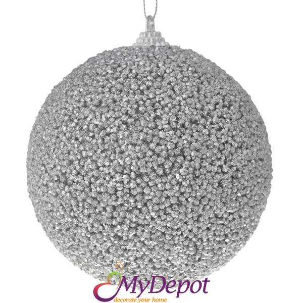 Комплект от 4 бр. топки от полипяна покрити със сребърни брокатени перлички, 10 см