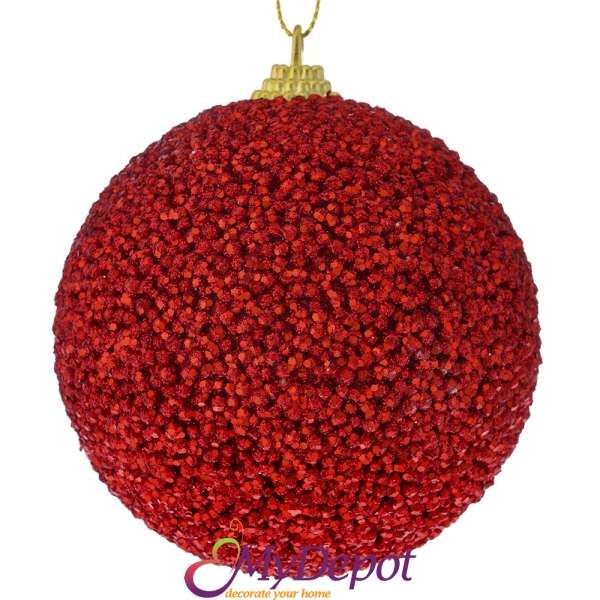 Комплект от 6 бр. топки от полипяна покрити с червени брокатени перлички, 8 см