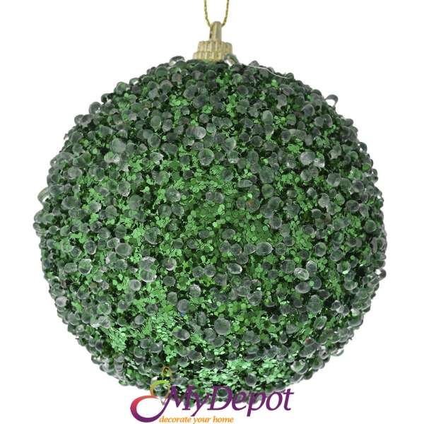 Комплект от 6 бр. топки от полипяна покрити със зелени пайети и мъниста, 8 см