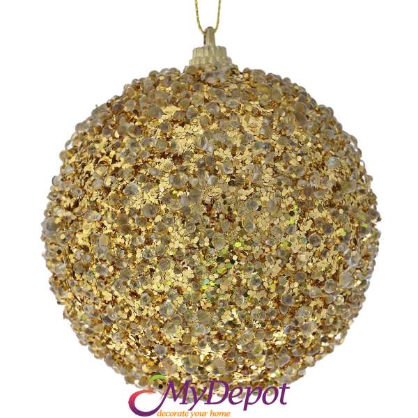 Комплект от 6 бр. топки от полипяна покрити със златни пайети и мъниста, 8 см